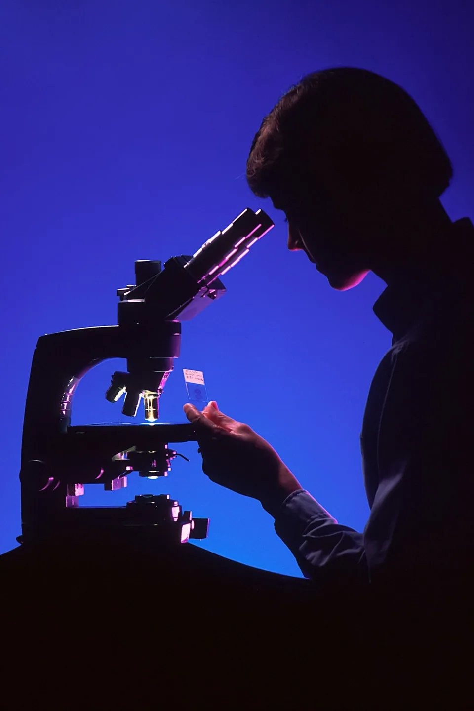 A researcher looking through a microscope